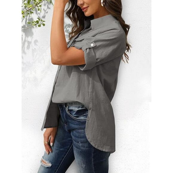 Short Sleeve Button Down Gray Blouse Roll Up Cuffed Collared Top with Pockets XL - Picture 4 of 5